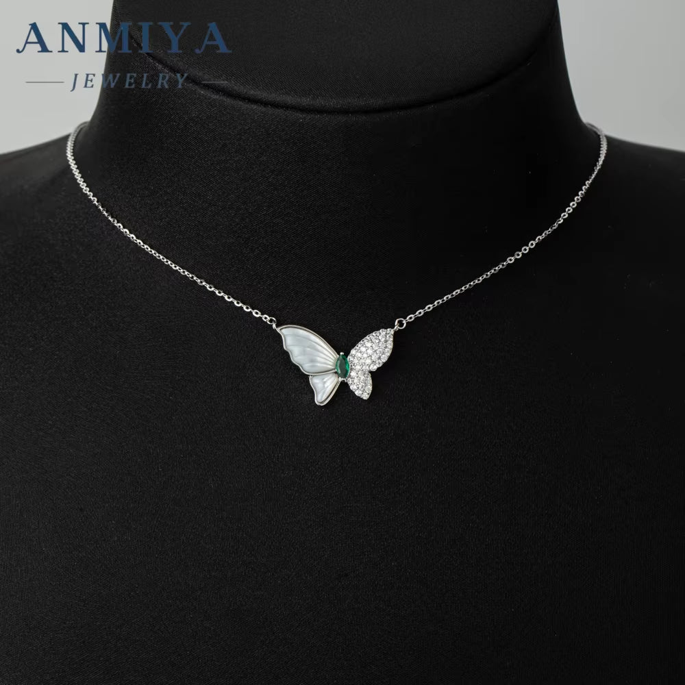 White Shell Butterfly Necklace Fashion Jewelry Link Chain Rhodium Plated Pendant Necklace