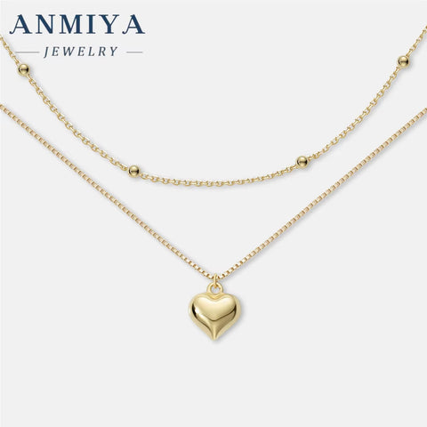 ANMIYA Fashionable Love Pendant Necklace Gold Plated Heart Double Layer Chain Necklace for Women Party Jewelry