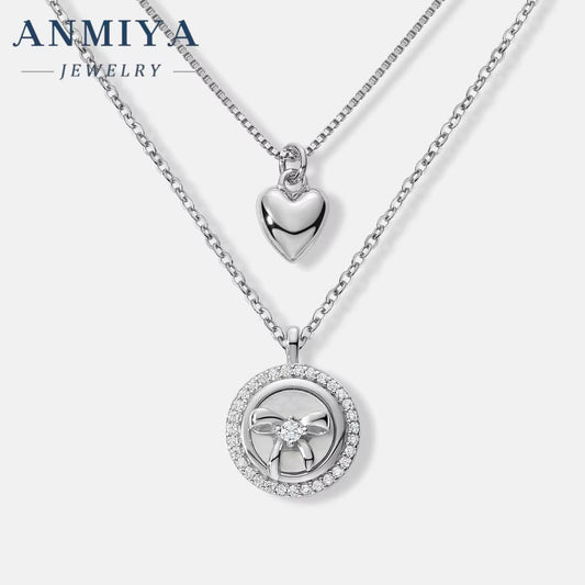 ANMIYA Unisex Accessory Jewelry Sterling 925 Multi-Layered 18K Gold Heart Zircon round Shape Trendy Necklace for Women