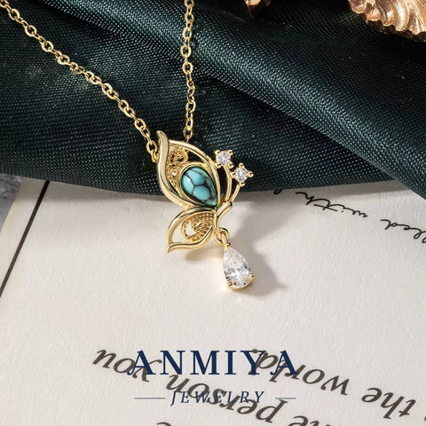 ANMIYA Women'S 925 Sterling Silver Butterfly Necklace Turquoise Stone and Zirconia with Cute Link Chain for Gift
