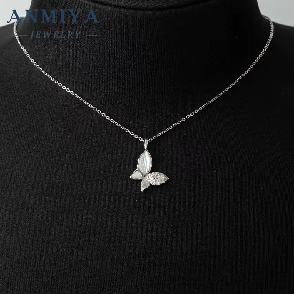 ANMIYA S925 Sterling Silver Zircon Butterfly Pendant Necklaces Jewelry for Women Gift