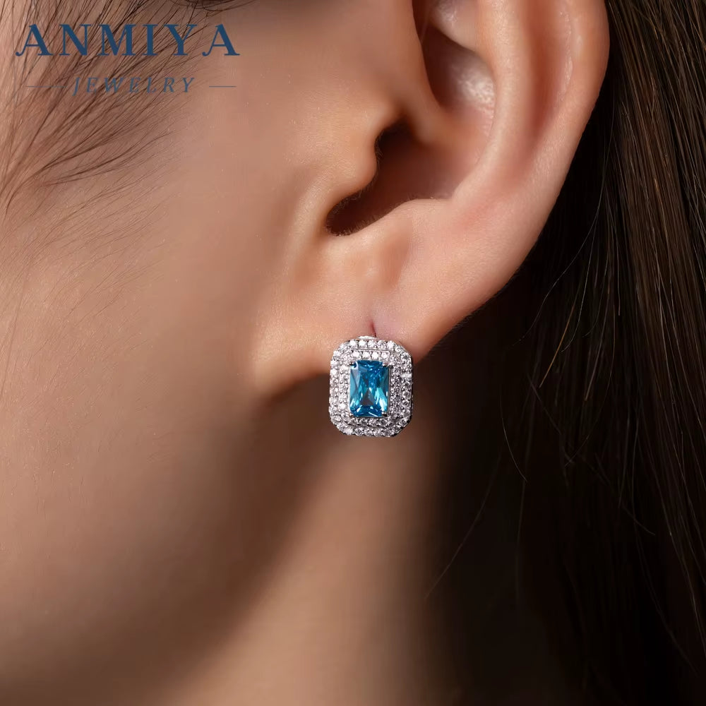 ANMIYA Fine Jewelry 925 Sterling Silver Necklace Vintage Sapphire Zircon Square Necklace Earrings Set Minimalist