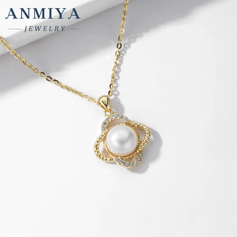 ANMIYA Four Leaf Clover Single Fresh Water Pearl Shape Flower 925 Silver Jewelry Necklace for Women Fashion