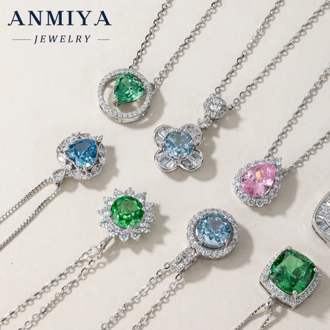 ANIMIYA 925 Sterling Silver Fashion Jewelry Pendant Necklaces Ice Heart Cut Shape with Zircon Green Blue Pink Diamond Weddings