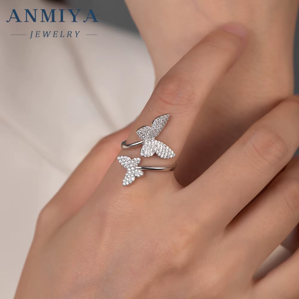 Factory Supply 925 Silver Open Cuff Butterfly Rings Delicate Women'S Finger Sparkling Cubic Zircon Trendy Lucky Butterfly