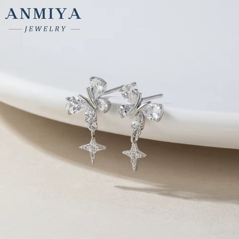Super Shining Full Zircon Butterfly Stud Earrings for Sweet Girls 925 Silver Plated Rhinestone Women Dangling Star Stud Earrings