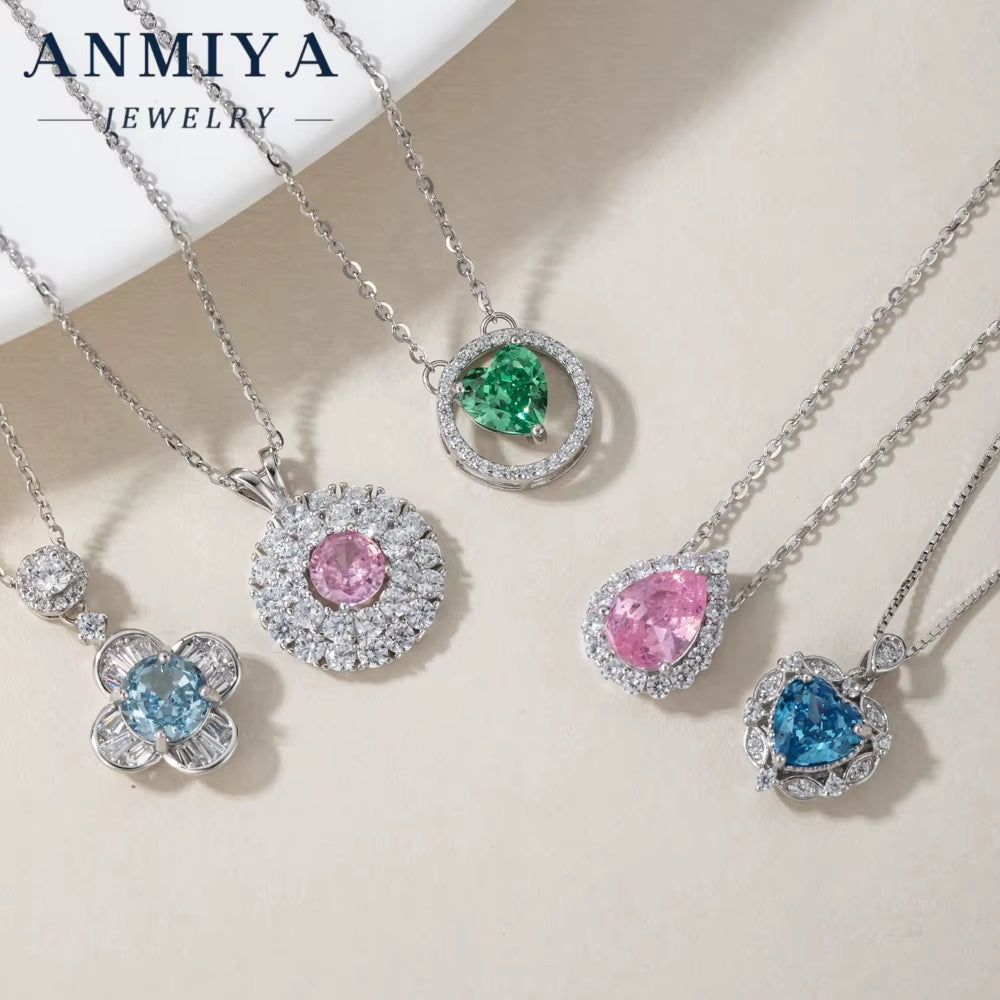 ANIMIYA 925 Sterling Silver Fashion Jewelry Pendant Necklaces Ice Heart Cut Shape with Zircon Green Blue Pink Diamond Weddings
