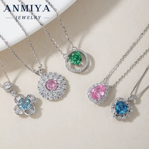 ANIMIYA 925 Sterling Silver Fashion Jewelry Pendant Necklaces Ice Heart Cut Shape with Zircon Green Blue Pink Diamond Weddings