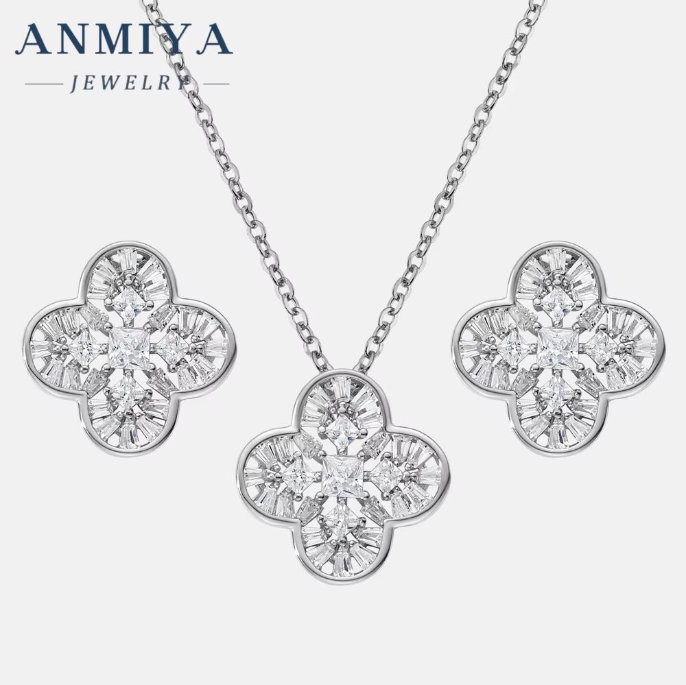 High End Rhodium Plated Zirconium Four Leaf Clover Set S925 Sterling Silver Necklace Earrings Set Jewelry
