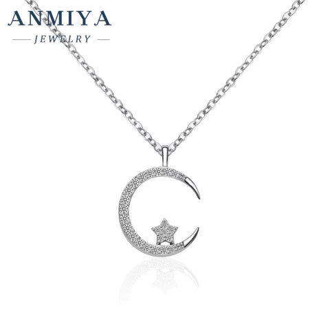 Wholesale S925 Silver Moon Necklace Cubic Zirconia Crescent Moon Star Phase Pendant Necklace for Women