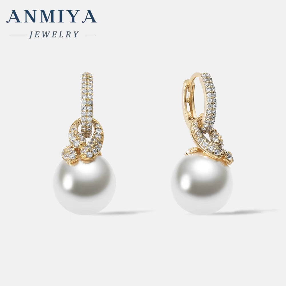 ANMIYA Wholesale 925 Sterling Silver Statement Fresh Water Pearl Cubic Zirconia Pearl Hoop Earrings