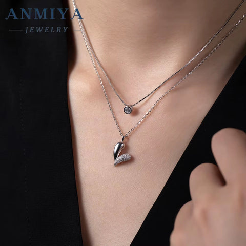 ANMIYA Best Selling Multi-Layered Layering Necklace 925 Silver Heart Fine Jewelry 925 Sterling Silver Necklace
