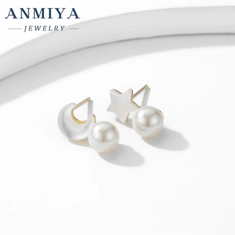 New Silver Star Moon Earrings Natural High Quality Freshwater Pearl Stud Earrings Goddess Pearl Jewelry