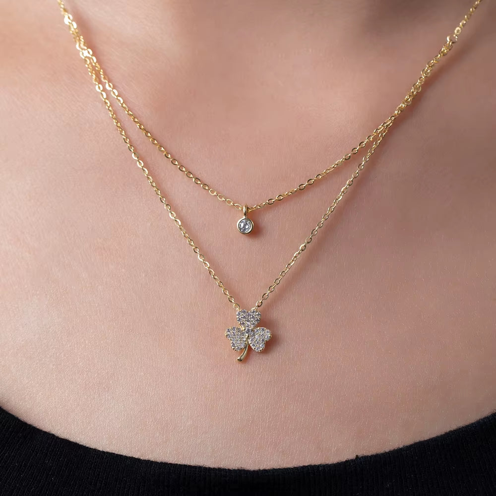 Double Layer Clover Set Chain Gold Glitter Diamond Zircon Collarbone Chain Temperament Necklace Women'S Japanese and Korean