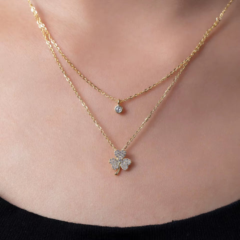Double Layer Clover Set Chain Gold Glitter Diamond Zircon Collarbone Chain Temperament Necklace Women'S Japanese and Korean