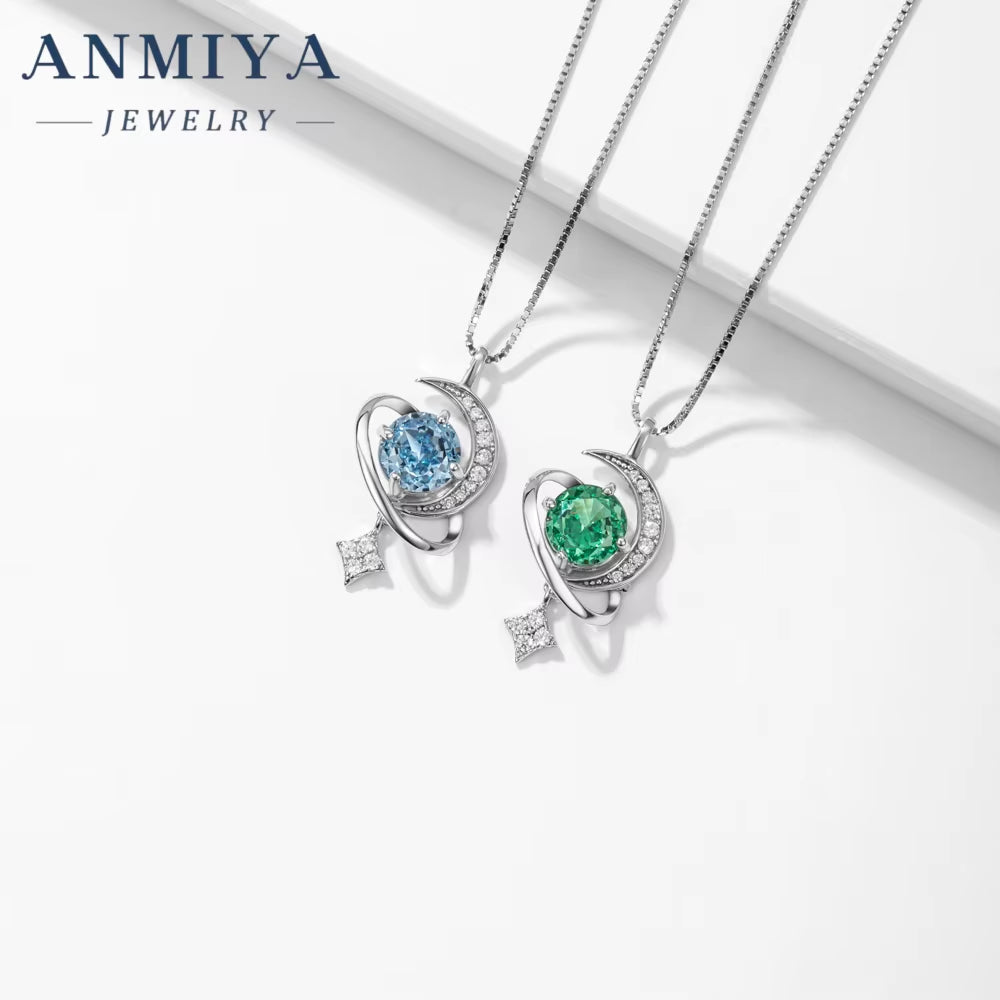 Fine Jewelry 925 Sterling Silver round Brilliant Ice Cut Green Zircon Celestial Star and Moon Star Shape Jewelry Necklace