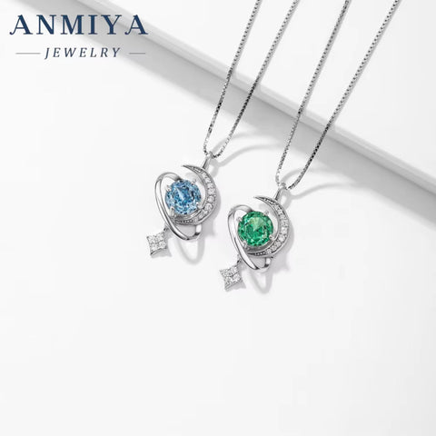 Fine Jewelry 925 Sterling Silver round Brilliant Ice Cut Green Zircon Celestial Star and Moon Star Shape Jewelry Necklace