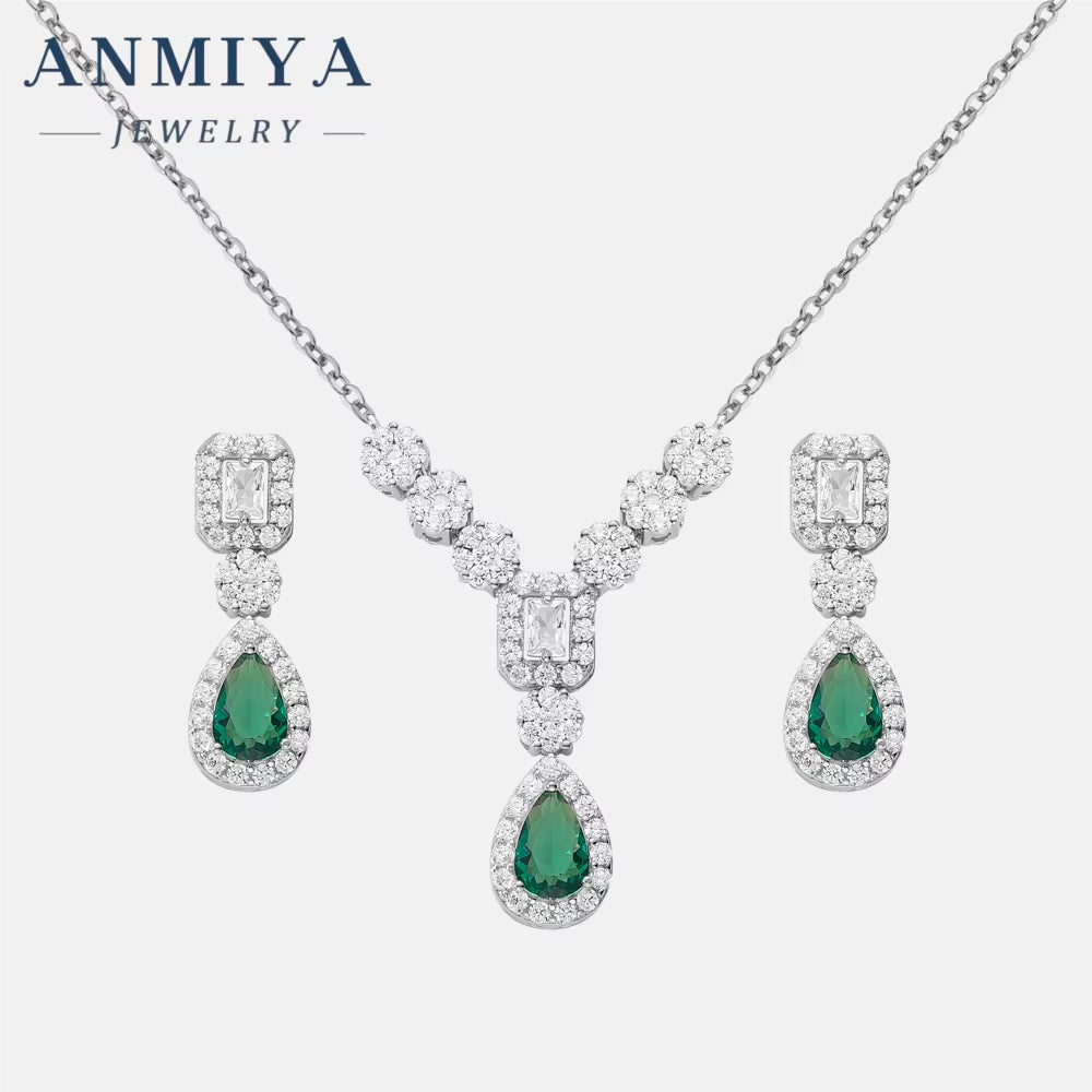 Fashionable Best Selling Emerald Zircon 925 Silver 18K Gold Necklace Pendant Jewelry Water Resistant Necklace Earrings Set