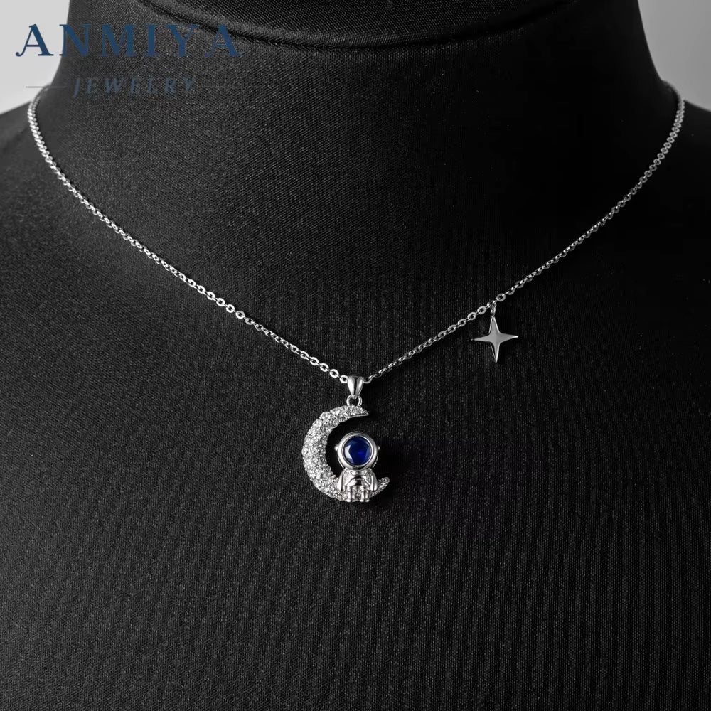 ANMIYA Cute Space Astronaut Pendant Necklace in 925 Sterling Silver Chain Perfect Gift