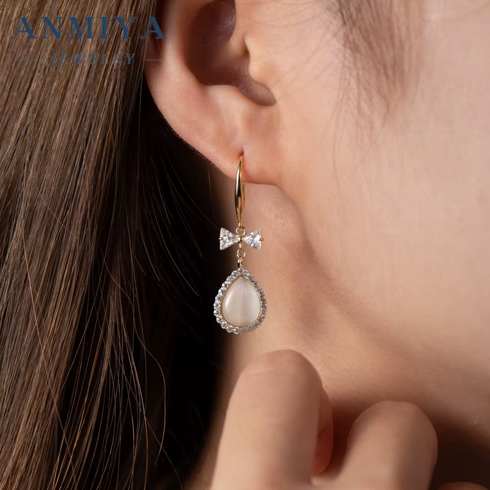 High Quality 925 Sterling Silver 18K Gold Jewelry Natural Freshwater Pearl Bow Earrings Hooks Dangle Drop Earing