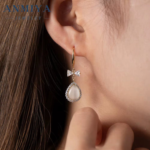 High Quality 925 Sterling Silver 18K Gold Jewelry Natural Freshwater Pearl Bow Earrings Hooks Dangle Drop Earing