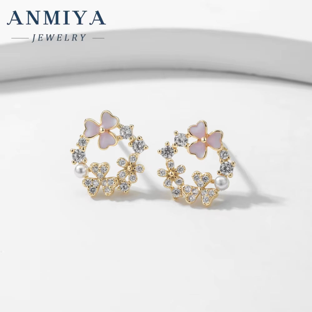 Summer Fancy Garland Pink Clover Pearl Zircon Ins Hot Sale 925 Silver Earrings for Gift