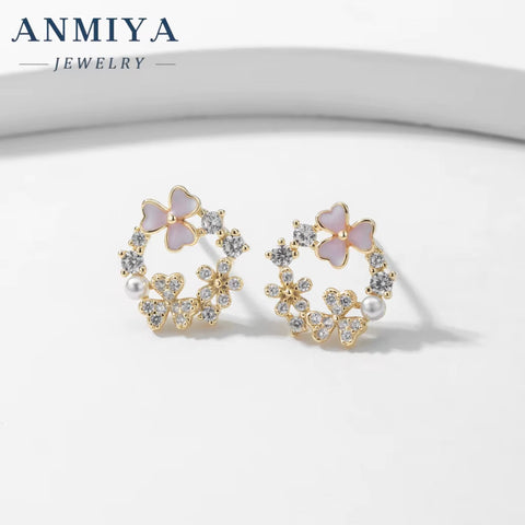 Summer Fancy Garland Pink Clover Pearl Zircon Ins Hot Sale 925 Silver Earrings for Gift