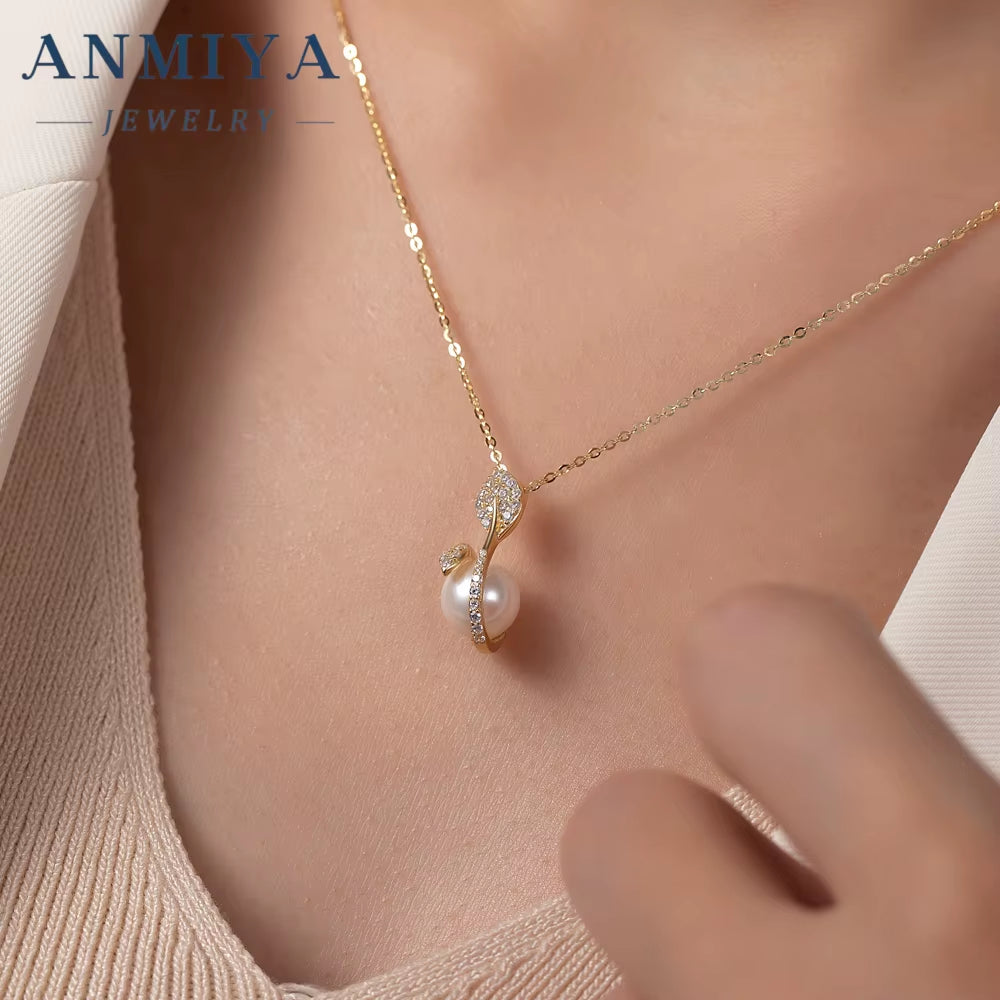 ANMIYA Trendy Jewelry Summer 2024 No Fade Adjustable Long Gold Plated 925 Silver Women Leaf Pearl Pendant Necklace