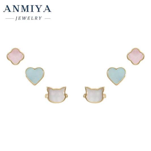 ANMIYA New Collection 925 Sterling Silver Cat Heart Four-Leaf Clover Earrings with Pink Blue Zirconia White Shell 3Pcs Set Gift