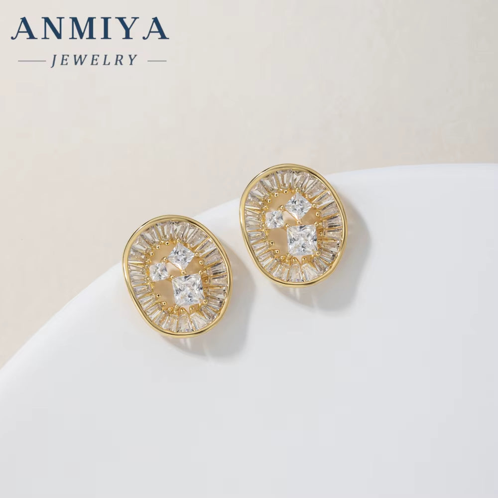 ANMIYA 18K Gold Plated round Shape Hollow Out Zircon 925 Silver Fashion Earrings Necklace Set Jewelry for Ladies