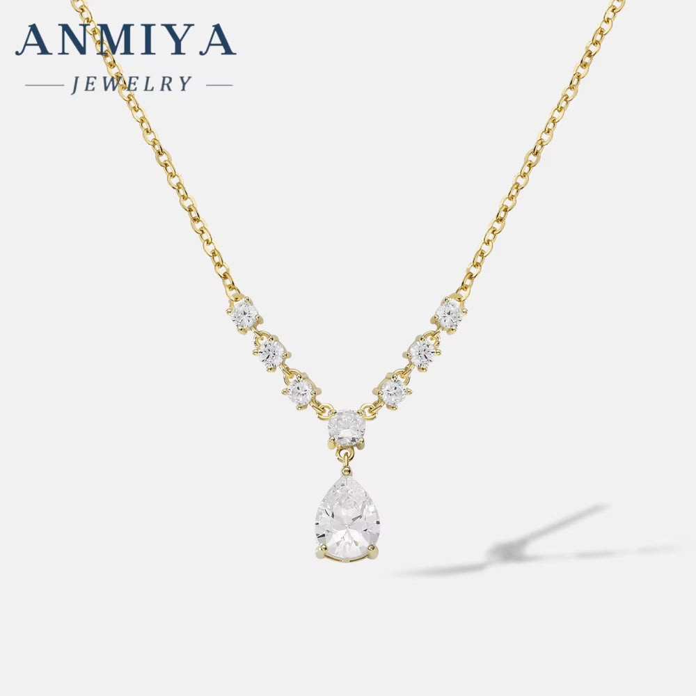 ANMIYA Latest Design Fancy Diamond Pear Cut Pendant Necklace Jewelry 18K Gold Plated Zircon Necklace for Wholesale