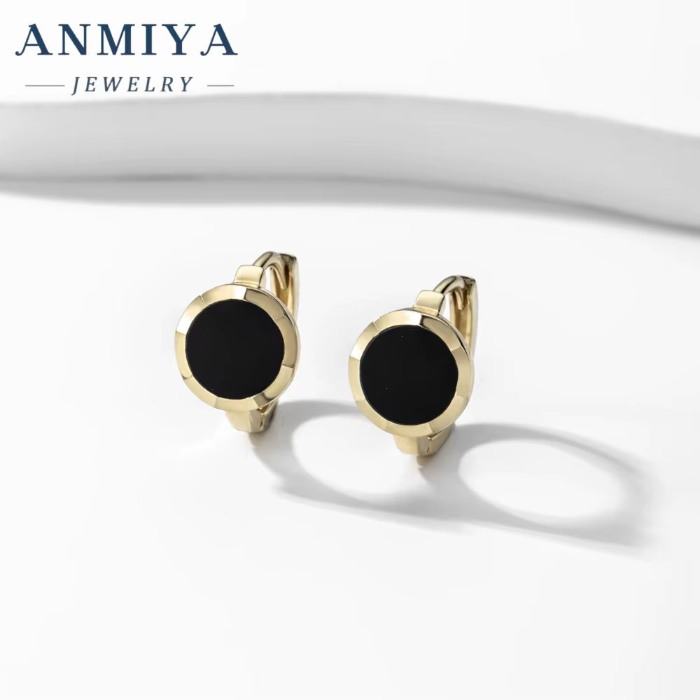 ANMIYA Black round 18K Gold Plated Classic Vintage Fashion Jewelry Hoop Stud for Girl Female Women