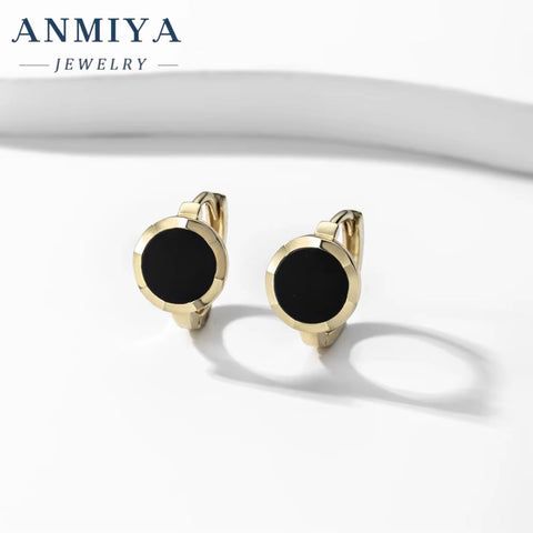 ANMIYA Black round 18K Gold Plated Classic Vintage Fashion Jewelry Hoop Stud for Girl Female Women