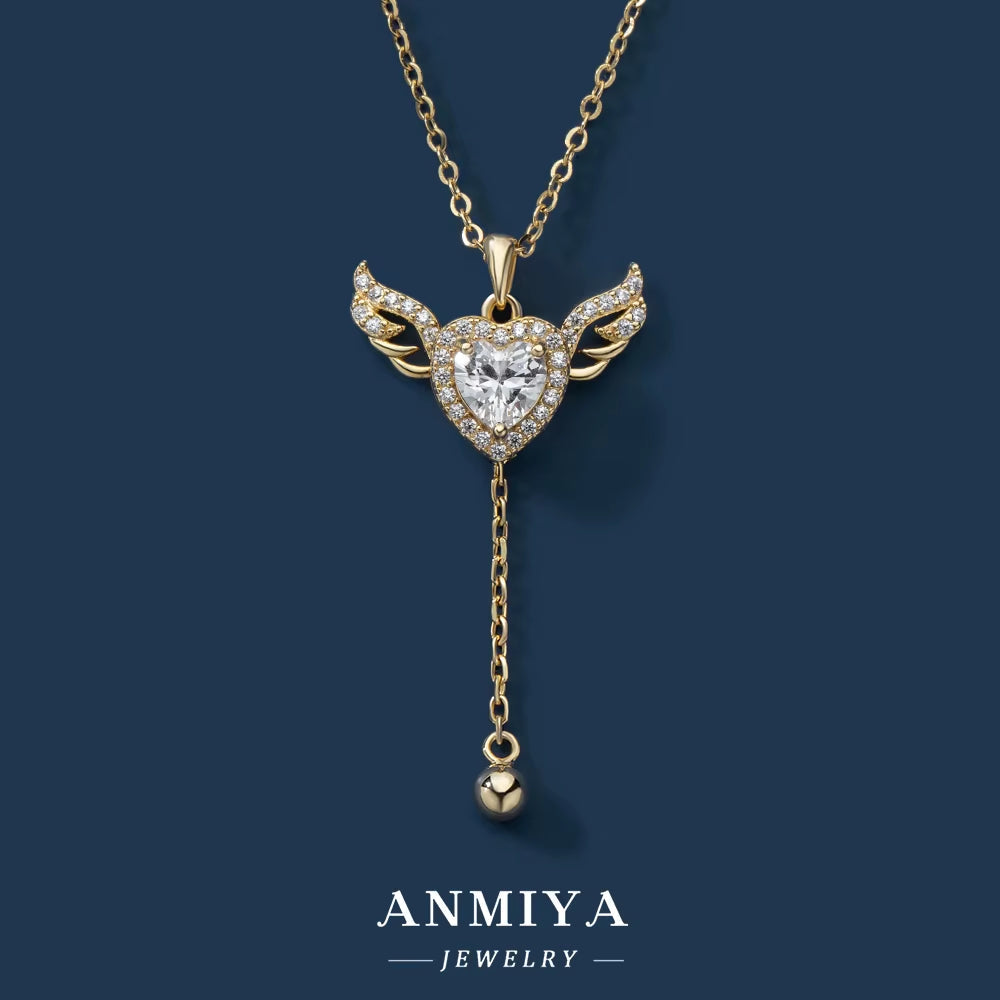 ANMIYA Cupid'S Heart 925 Sterling Silver Girl Angel Heart Zircon Gift Necklace for Girlfriend