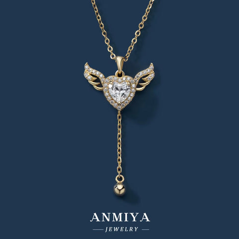 ANMIYA Cupid'S Heart 925 Sterling Silver Girl Angel Heart Zircon Gift Necklace for Girlfriend