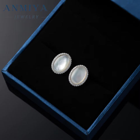 ANMIYA Fashion Jewelry Ellipse White Shell Stud 925 Sterling Silver Stud Earrings for Women Accessories