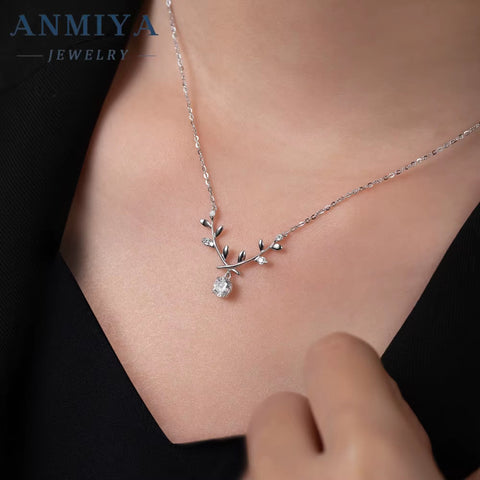 ANMIYA Cubic Zirconia Leaf Shape Women Party Wedding Necklace Set 925 Sterling Silver Dubai Bridal Jewelry