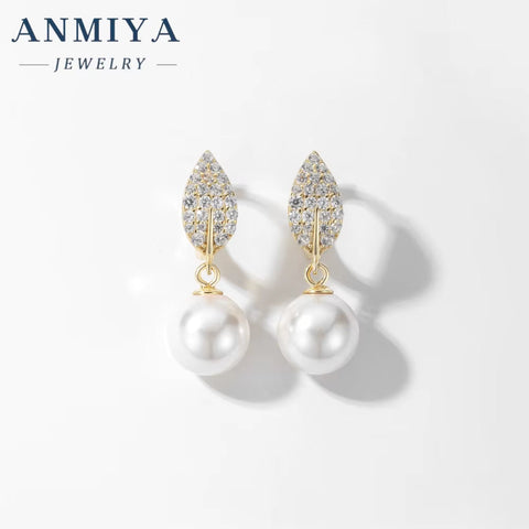 ANMIYA Dainty Gold Plated Hypoallergenic Zircon Leaf Stud Pearl Earrings Fashion Jewelry Gift 925 Silver for Women