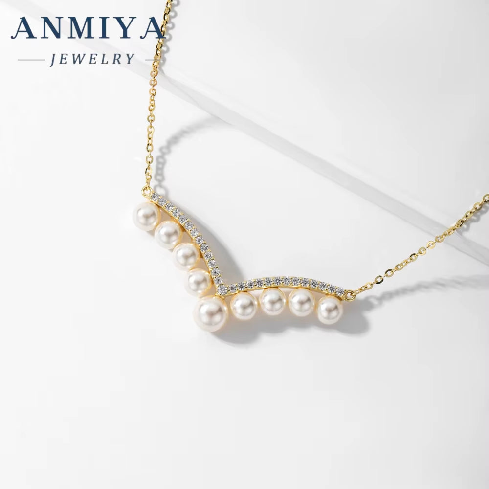 ANMIYA One-Line Shape Fresh Water Pearl Vintage Inoxidable 925 Silver 18K Collarbone Necklace