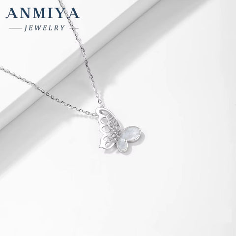 ANMIYA Sweet Fine Jewelry Friendship Jewelry 925 Silver Zircon Women Butterfly Set Pendant Necklace