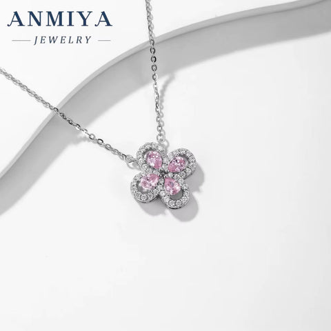 2024 New Design Pear Ice Cut Zircon Pink Four Leaf Clover Flower Shape Necklace for Women