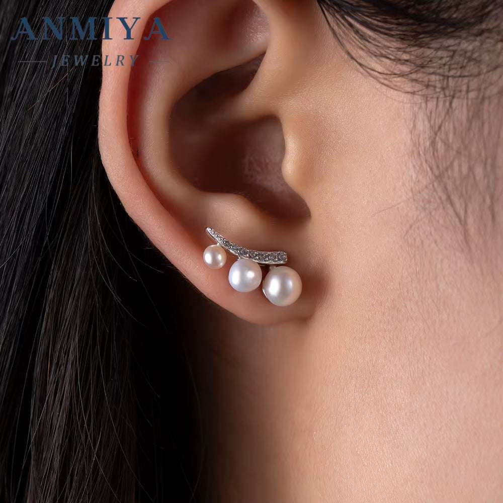 Classic 18K Gold Plated Zircon Stud Earrings Natural White Freshwater Pearls Earrings for Women Silvers Jewelry with Pearl Ear