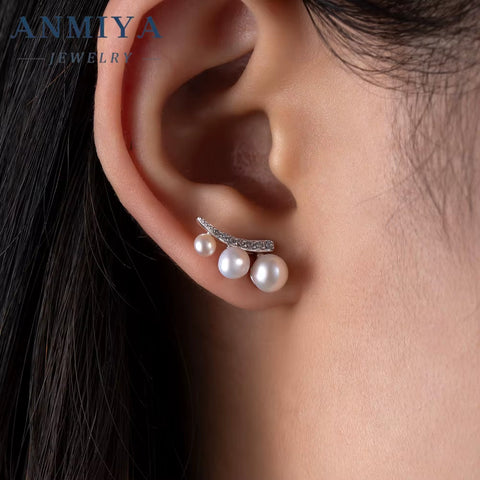 Classic 18K Gold Plated Zircon Stud Earrings Natural White Freshwater Pearls Earrings for Women Silvers Jewelry with Pearl Ear