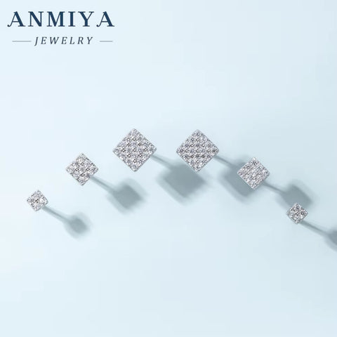 ANMIYA Square Shape Diamond 3PCS Set Stud Earrings Zircon 925 Silver Fine Jewelry Earrings for Women Girl