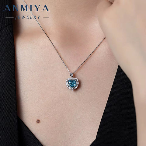 New Designs 925 Silver Ice Cut Heart CZ Necklace with Blue Green Zircon Heart-Shaped Women Jewelry Valentine'S Day Gift