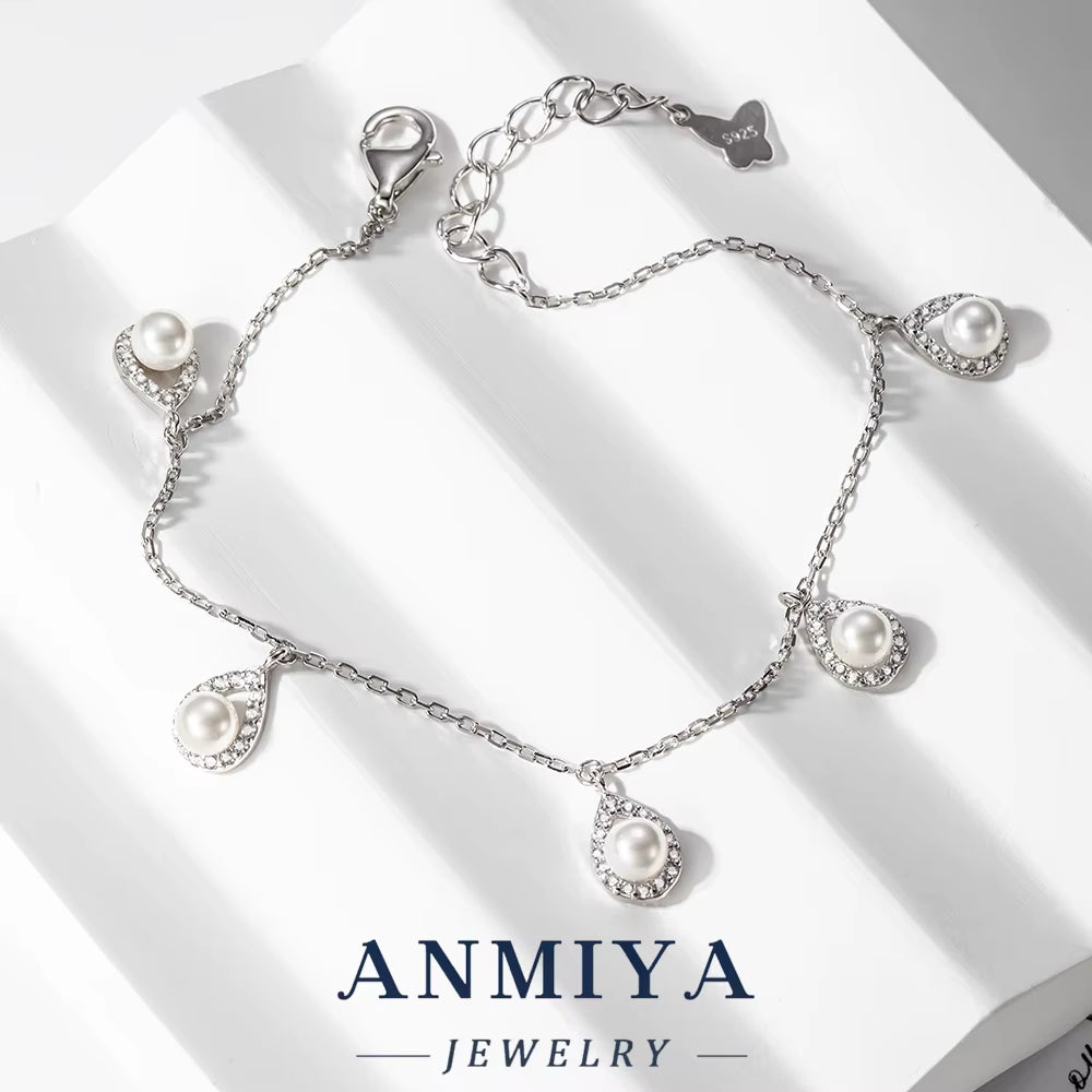 Vintage Silver Jewelry Four-Leaf Clover Bracelet with Water Drop Design & Pearl Inlay, Spring Ring Closure for Boho Style