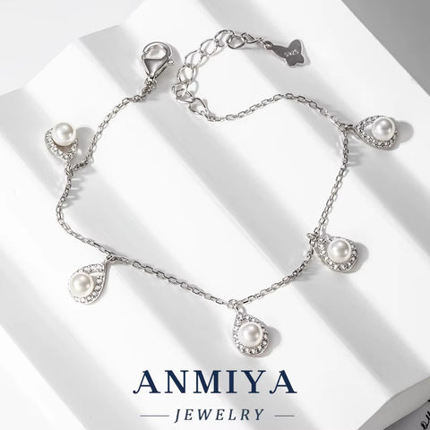 Vintage Silver Jewelry Four-Leaf Clover Bracelet with Water Drop Design & Pearl Inlay, Spring Ring Closure for Boho Style