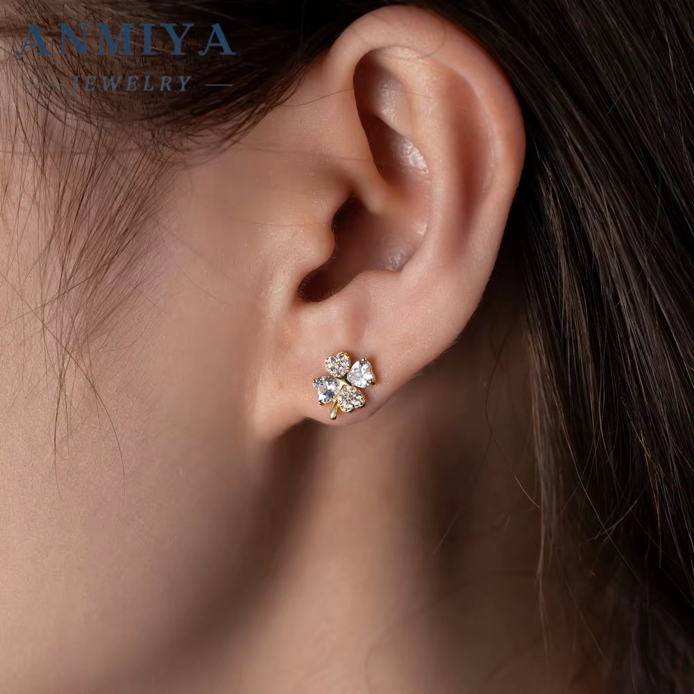 Luxury 925 Sterling Silver Diamond Zircon Flower Stud Earrings 18K Gold Plated Four Leaf Clover Earrings for Women