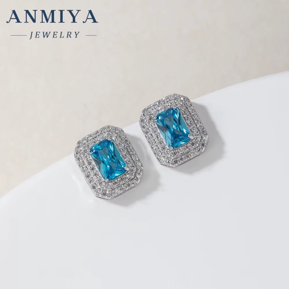 ANMIYA Fine Jewelry 925 Sterling Silver Necklace Vintage Sapphire Zircon Square Necklace Earrings Set Minimalist