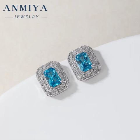 ANMIYA Fine Jewelry 925 Sterling Silver Necklace Vintage Sapphire Zircon Square Necklace Earrings Set Minimalist